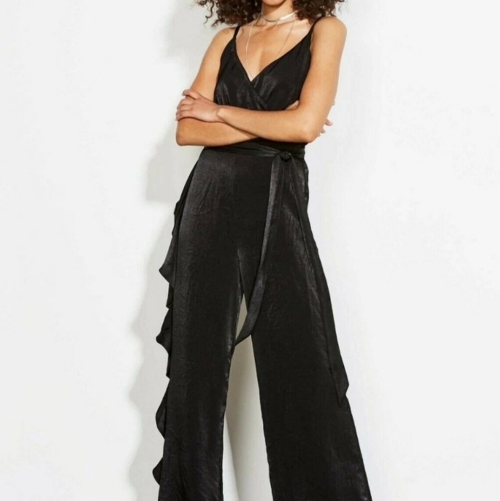 Ali & Jay Name of Love Ruffle Wrap Jumpsuit Black Large Wide Leg Flowy - Picture 2 of 13